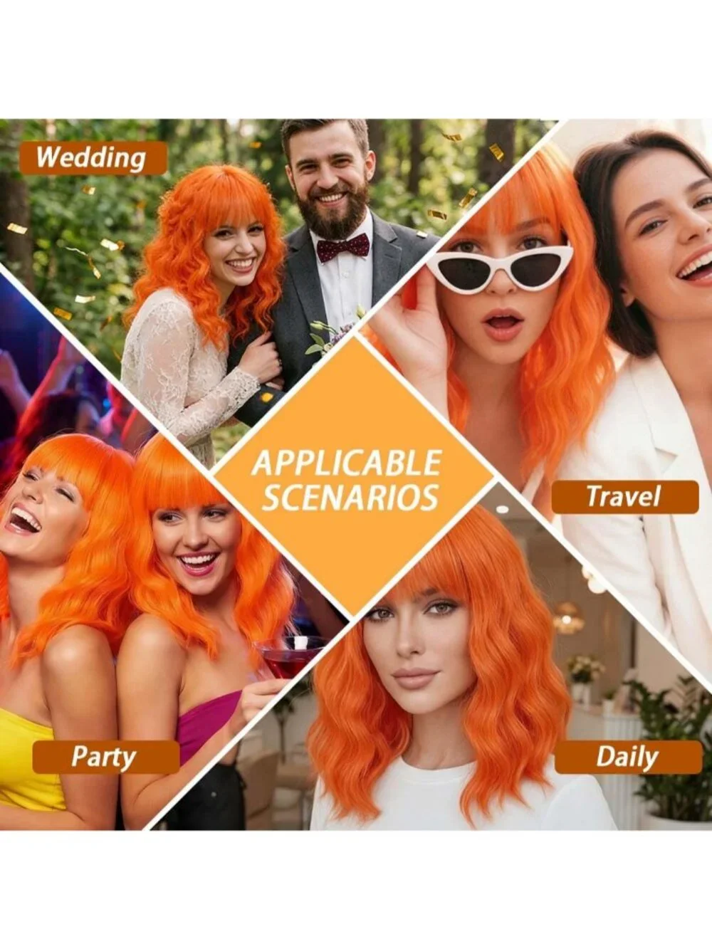 Women's Bright Orange 14 Inch Short Shoulder Length Synthetic Bangs Wavy Bob Wig